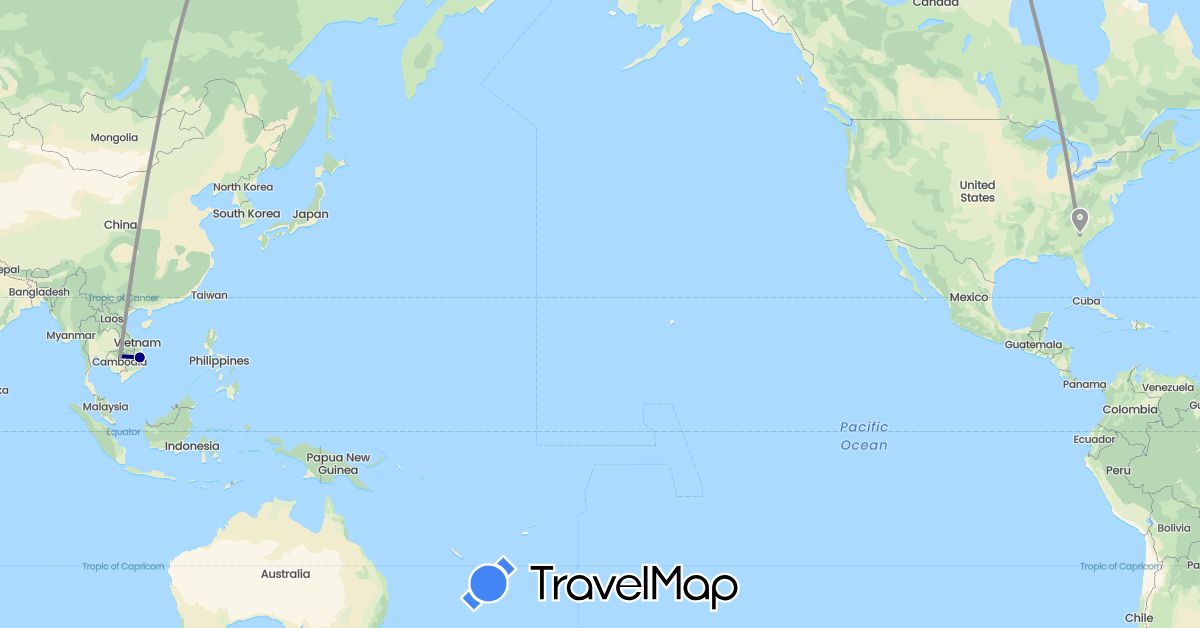 TravelMap itinerary: driving, plane in Cambodia, United States, Vietnam (Asia, North America)